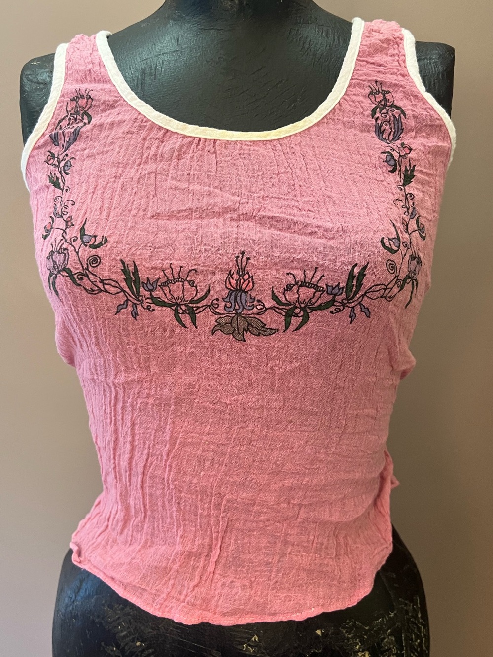 Vintage Rix Rack Victorian Floral Design 70’s Pink Gauze Tie Back Tank Top S